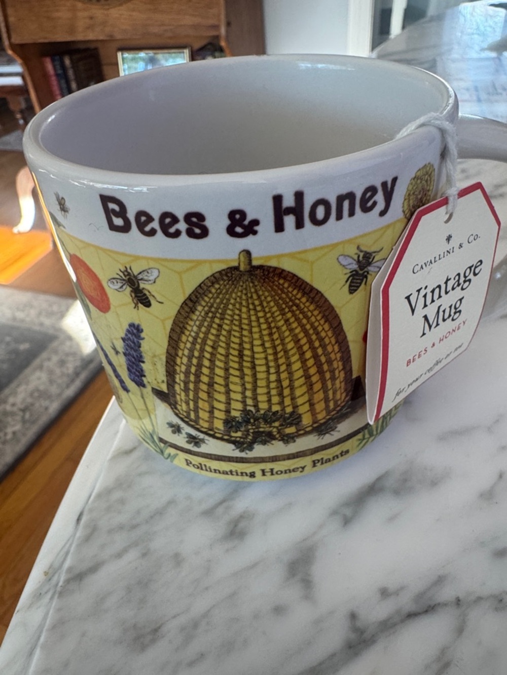 Bees & Honey Vintage Mug - Yellow Illustrated Bee Skep